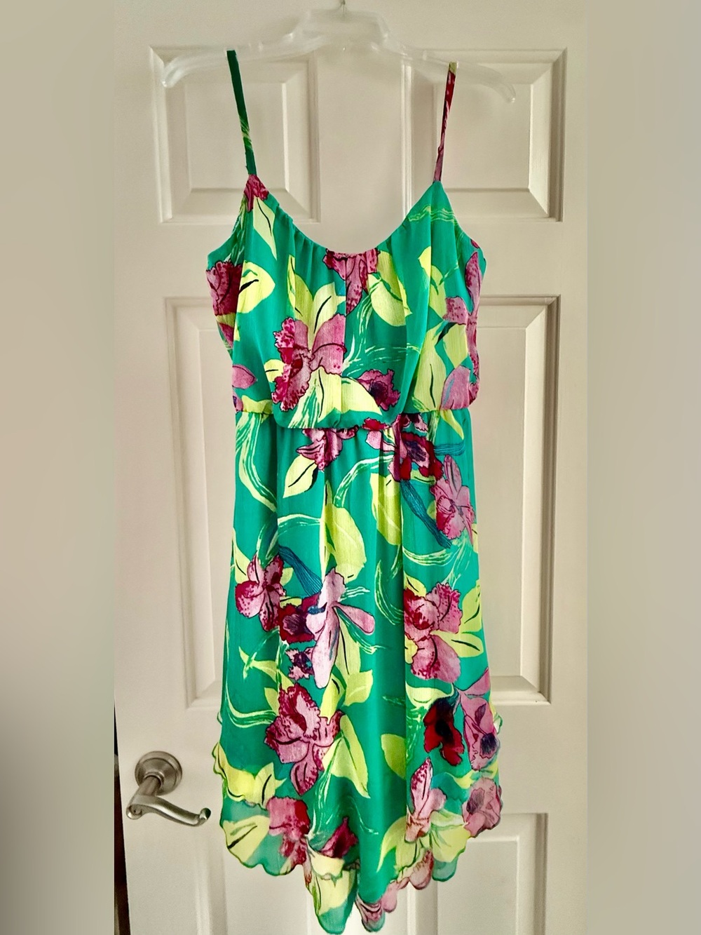 As U Wish Green Tropical Floral Sundress with Pink Accents